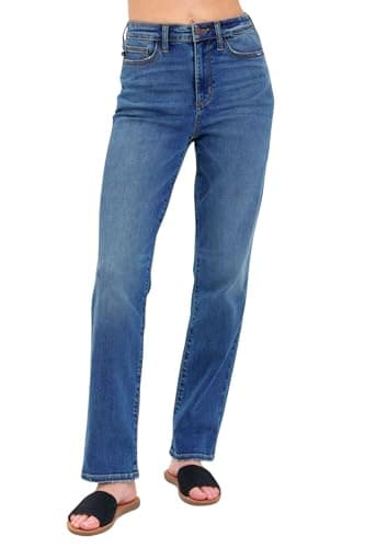 Image of Judy Blue Women's High Rise Mom Jeans, Tummy Control Waist Straight Fit Denim Pants, Dark Blue, 3