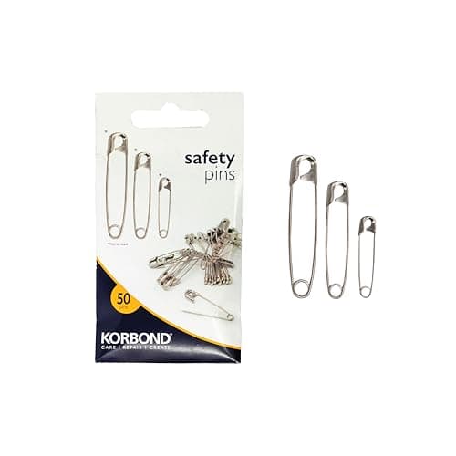 Image of Korbond Silver Safety Pins - 50 Pieces; Professional Grade, Sharp Point, Heavy Duty, Nickel – Crafting, Sewing, Pinning, Fabrics, Saree, Sari; 3 Sizes: Small 20x27mm, Medium 20x38mm, Large 10x45mm