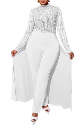 Image of VERWIN Plus Size Sequins Jumpsuit for Women Patchwork Overlay Full Length Women's Jumpsuit High-Waist Woman Romper 4XL White