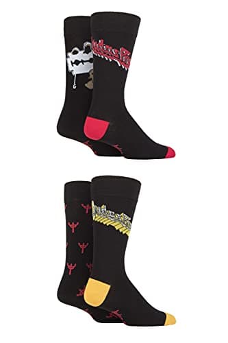 Image of SockShop Men’s Judas Priest Gift Boxed Cotton Socks Exclusive Pack of 4 Rock and Heavy Metal Assorted Designs Black 6-11