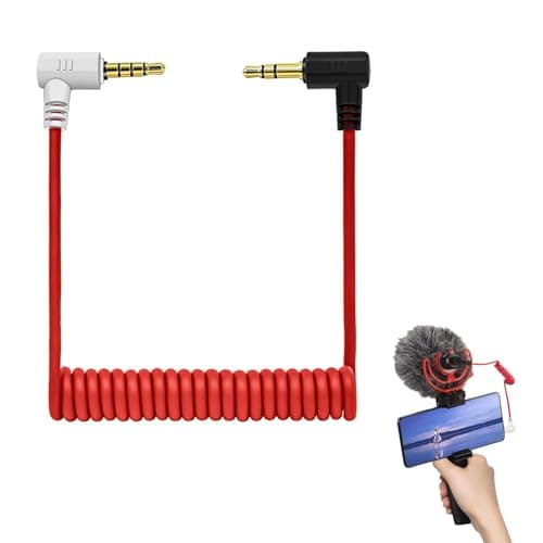 Image of 3.5mm TRS to TRRS Microphone Cable, TRS to TRRS Patch Cable, Coiled Microphone Cable, Male to Male, Right Angle Mic Cord Compatible with Rode SC7 VideoMic BOYA, Connects to iPhone Smartphones Tablets