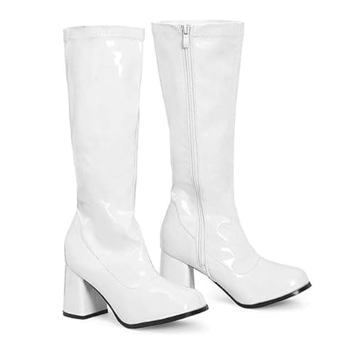 Image of BloomFashion® New Women’s 1960’s 70’s Retro Knee-High Long Heel Boots Ladies Fancy Dress Party Go Go Boots With Side Zip Closure Size 3-12 UK (White, 7Uk)