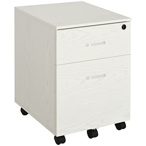 Image of Vinsetto 2-Drawer Locking Office Filing Cabinet w/ 5 Wheels Rolling Storage Hanging A4 Cupboard Home Organisation, White Wood Grain