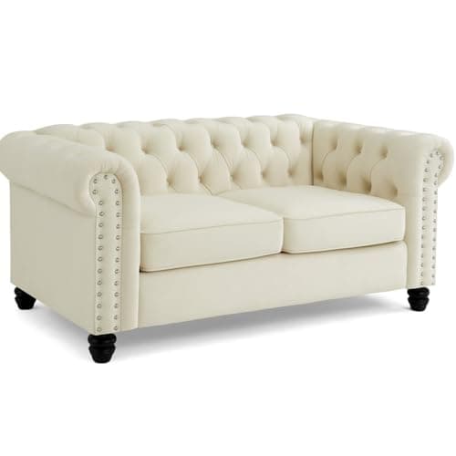 Image of Home Detail Chesterfield Sofa Velvet Upholstered Couch in 2 Seater or 3 Seater Fabric Sofa in Grey, Blue, Black, Green, Gold (Cream, 2 Seater)