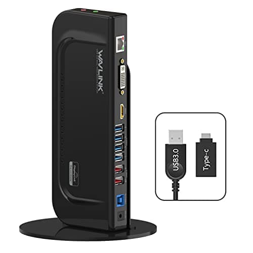 Image of WAVLINK USB 3.0 / USB C Universal Dual Display Docking Station Support HDMI and DVI/VGA/HDMI with 6 USB Ports,Gigabit Ethernet and Audio Jack for Windows and Mac