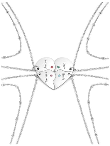 Image of PiercingJak Personalized BFF Necklace for 4 Stainless Steel Customized Family Friendship Jewelry Custom Best Friend Name Engrave Heart Puzzle Matching Pendant Necklaces for Women
