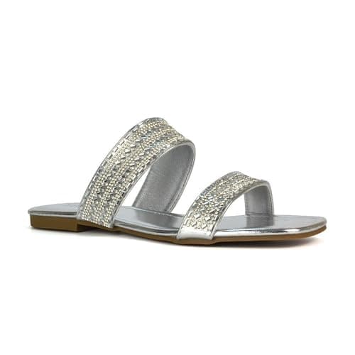 Image of ESSEX GLAM Women's Double Strap Flat Sandals Ladies Silver Metallic Rhinestone Embellished Slip On Casual Slider Size 4