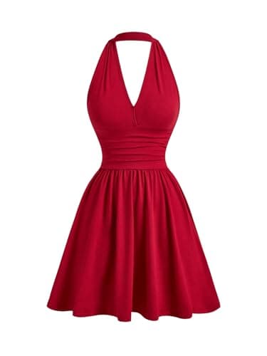 Image of GORGLITTER Women's Flared Flowy Ruched Halter Mini Dresses Ruffle Backless Going Out Mini Swing Dress Red Large