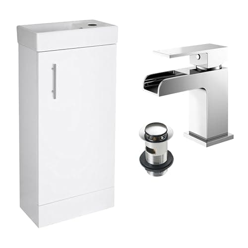 Image of The Home Store White Gloss 400mm Floor-Standing Vanity Unit with Basin & Waterfall Tap