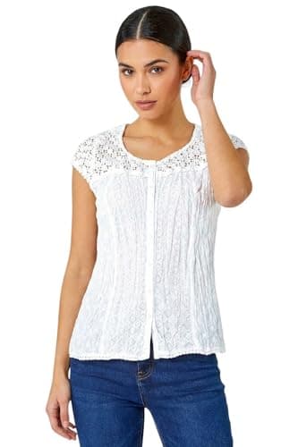 Image of Roman Lace Crinkle Top for Women UK - Ladies Broderie Anglaise Vest Blouse Yoke 100% Cotton Embroidered Shirt Casual Work Flattering Summer Holiday Boho T-Shirt - White - Size 18