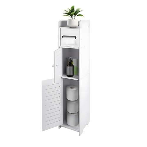 Image of 3 Tier Bathroom Storage Cabinet Tall - Slim Freestanding Toilet Roll Holder Organizer, Shelves Unit for Bathroom Tissue, Toilet Paper, Cleaning Supplies, White