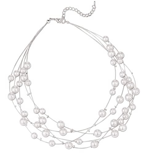Image of FULU AUTUMN Layered Pearl Necklace Beaded Silver Choker Handmade Boho Statement Costume Necklaces Fashion Jewellery Gifts for Women(Grey)