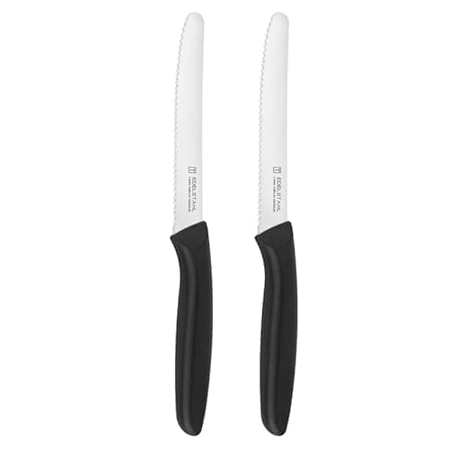 Image of targizer Tomato Knife,Black Kitchen Knives Set of 2,Stainless Steel Sharp Serrated Edge Dinner Knives,Small Utility Knife of Cutting Tamatoes,Vegetables,Fruit,Dishwasher-Safe, Rustproof,