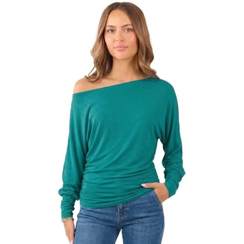 Image of Crazy Girls Womens Long Sleeve One Off-Shoulder Plain Baggy Batwing Top UK8-24, Teal, ML (UK 12-14)