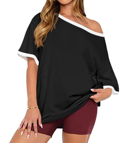 Image of LACOZY Womens One Off The Shoulder Tops Asymmetrical Neck Short Sleeve Shirt Color Block Plain Top Oversized T Shirts Black L