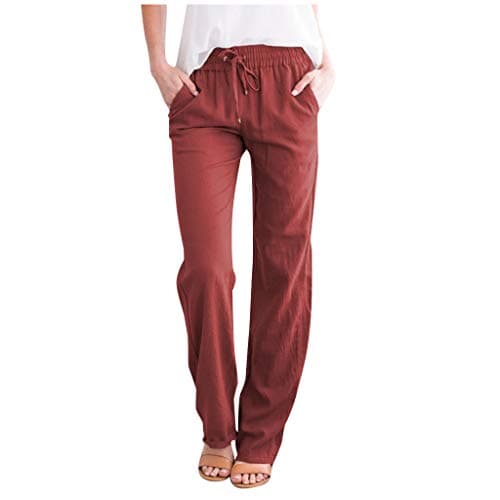 Image of Womens Petite Linen Trousers,Linen Trousers for Women UK Elastic High Wasited Straight Wide Leg Lounge Cotton Yoga Pants with Pockets Boho Ladies Pull On Jogging Bottoms Red