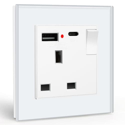 Image of BSEED Single Switched Socket with USB C and USB A Charging Ports, UK Standard Electric Power Sockets with Glass Panel, 1 Gang Wall 13A Socket, White