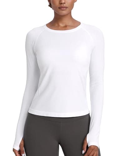 Image of CRZ YOGA Women's Seamless Sports Long Sleeve Shirts Ribbed Running Shirt with Thumb Hole Breathable Quick Dry Fitness Tops White 8