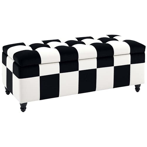 Image of HOMCOM 114 x 47 x 47cm Velvet Storage Ottoman, Button-tufted Footstool Box, Toy Chest with Lid for Living Room, Bedroom, White and Black