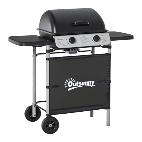 Image of Outsunny 2 Burner Gas BBQ Trolley with Lid, 5.6 kW Gas Barbecue Grill with Wheels, Side Shelves, Grey