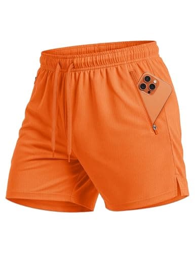 Image of MAGCOMSEN Men's Athletic Running Shorts Zipper Pockets Quick Dry 5" Workout Gym Shorts for Basketball Hiking Orange, L