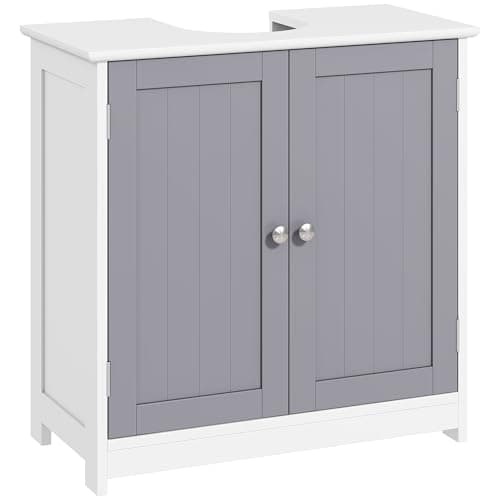 Image of kleankin Under Sink Bathroom Cabinet, Freestanding Under Sink Cabinet with 2 Doors and Adjustable Shelf for Basin without or with Pedestal, White and Grey