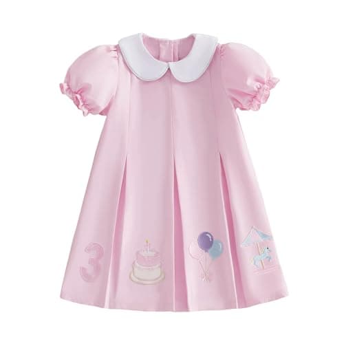 Image of Toddler Baby Girl Birthday Princess Dress Numer Balloon Cake Embroidery Little Girls A-Line Skirt Short Sleeve Doll Collar Birthday Party Dresses 1st/2nd/3rd/4th/5th/6th (Pink 3, 3-4 Years)