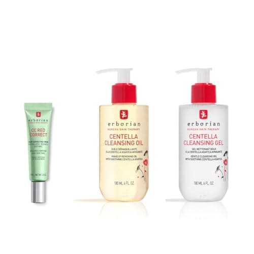 Image of Erborian - CC Red Correct Anti-Redness Tinted Face Cream (15 ml) + Centella Cleansing Oil (180 ml) + Centella Cleansing Gel (180 ml) - Korean Cosmetics