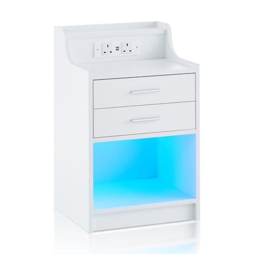 Image of TUKAILAi White Bedside Table with Charging Station, LED Bedside Table with 2 Drawers and Open Storage, Smart Nightstand Cabinet for Bedroom Living Room