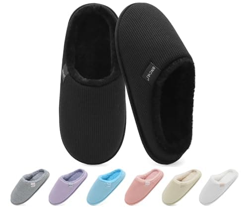 Image of ONCAI House Slippers for Women,Cushion Memory Foam Faux Fur Lined Waffle Upper Slipper for Woman 2025 Cosy Warm Winter Woman Slippers Lightweight Indoor House Shoe Plush Black Size 5 UK