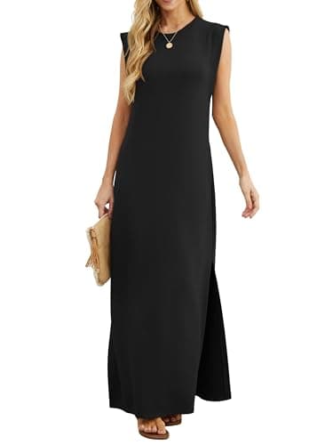 Image of GRECERELLE Womens Summer Maxi Dress Casual Shirt Dresses Elegant Styles Basic Sleeveless Maxi Dresses for Women UK with Split and Pockets (Black, L)