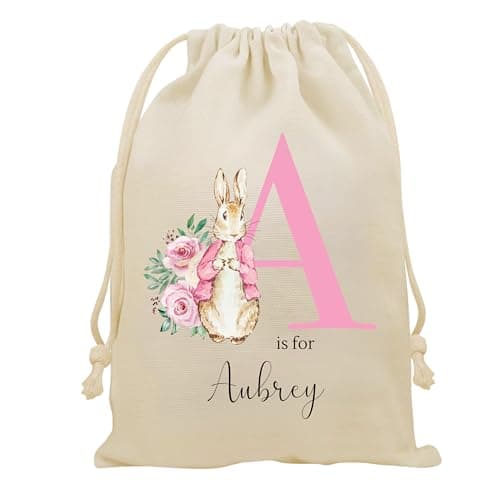 Image of Personalised Gift Bag - Custom Name Beatrix Rabbit Drawstring Sack - Personalise Name Kids Children's Cotton Canvas Easter Birthday Christening Present Treat - Canvas S - 23 x 34cm