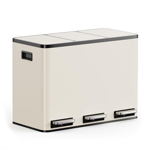 Image of VonHaus Kitchen Bin, 45L Cream Triple Recycling Bin for Kitchen, Three Section Food Waste Separation System with Non-Slip Base & Removable Inner-Compartments, Airtight Trash Can, 3 x 15L