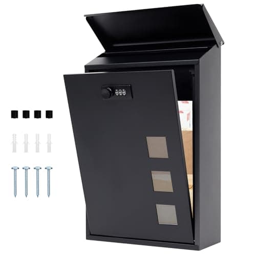 Image of lisetar Post Box Wall Mounted, Steel Mail Box with Combination Lock - Weather-Resistant, 3 Viewing Windows, Rain Cover, Lockable for Outside, Black 40 x 25 x 10 cm
