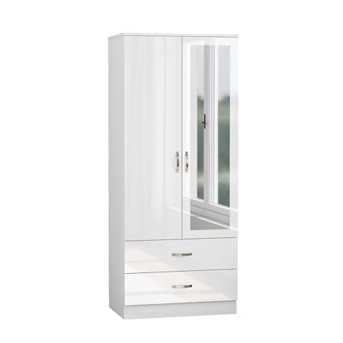 Image of Nera High Gloss 2 Door Wardrobe with Drawers and Hanging Rail Slim Wardrobes for Small Bedrooms Storage (With Mirror White Gloss (Matt White))