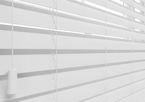 Image of Faux Wood Window Venetian Blinds Blind 50mm Slats Trimmable String Design (White, 60 x 150 cm)