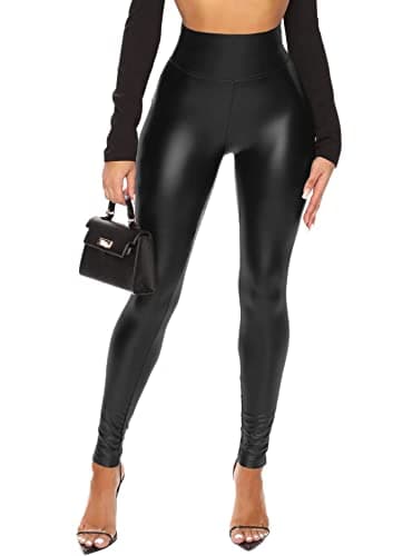 Image of Navneet Women Wet Look Leggings Faux Leather Trousers High Waist Leather Leggings Club Party Outfits Going Out Matte Black M