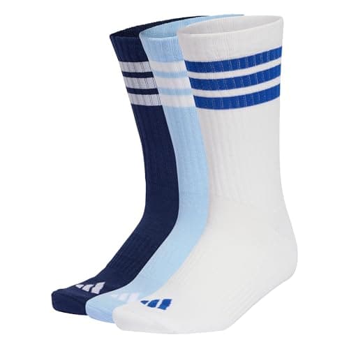 Image of adidas Unisex 3STRIPES CUSHIONED SPORTSWEAR CREW SOCKS 3 PAIR PACK, dark blue/white/glow blue, 10.5-12.5