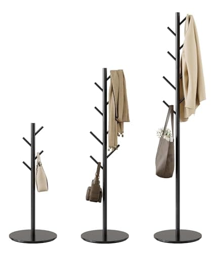 Image of Tujurich Coat Rack with 8 Hooks, 3 Adjustable Heights, Sturdy Metal Coat Stand with Sintered Stone Base, for Hallway, Entrance or Bedroom, Matte Black, 30 x 30 x 167 cm