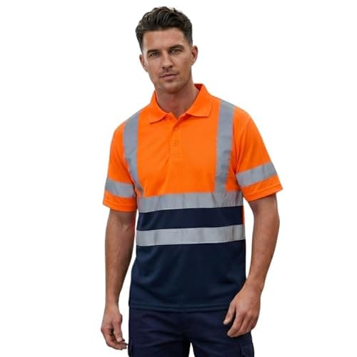 Image of Hi Vis Polo Shirt - High Visibility Safety Workwear with Reflective Stripes T Shirt, Available in Long Sleeve and Short Sleeve Work Top for Men and Women- (Short Sleeve Orange/Navy M)