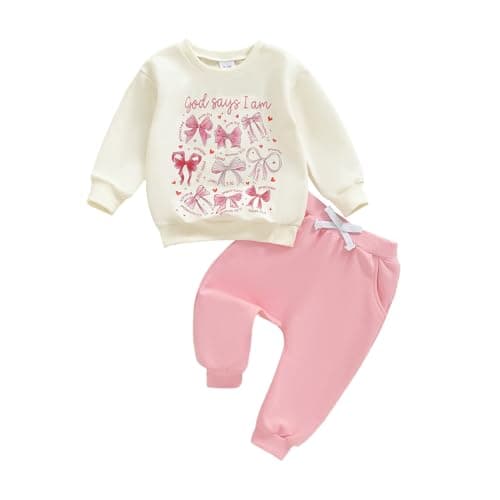 Image of XIXIMAON Toddler Baby Girl Outfit Bow Letter Print Long Sleeve Sweatshirt Tops Solid Pink Jogger Pants Set Newborn Spring Fall Clothes Girls Tracksuits (Pink, 12-18 Months)