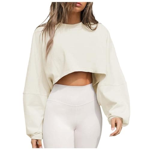 Image of Women's Casual Long Sleeve Crewneck Crop Top Sweatshirt Loose Fit Solid Pullover Tee Shirt Comfortable Workout Gym Wear (Beige, XS)