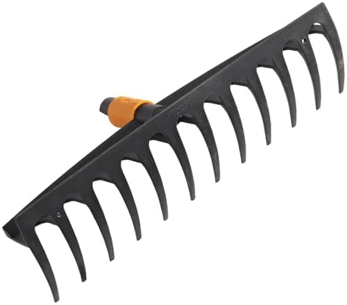 Image of Fiskars Rake with 12 Prongs, Tool Head, Width: 41 cm, Glass Fibre Reinforced Plastic Prongs, Black/Orange, QuikFit, 1000643