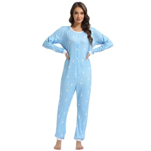 Image of QIYUANT Womens Onesie Adult Jumpsuit Soft One Piece All in One Pajamas Button Down Pajama Set Overall Spring Autumn Winter Homewear Nightwear Loungewear Sleepsuits (Blue Moon, M)