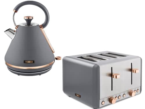 Image of TOWER Cavaletto 3KW 1.7L Pyramid Kettle & 4 Slice 1800W Toaster Matching Set in Grey & Rose Gold
