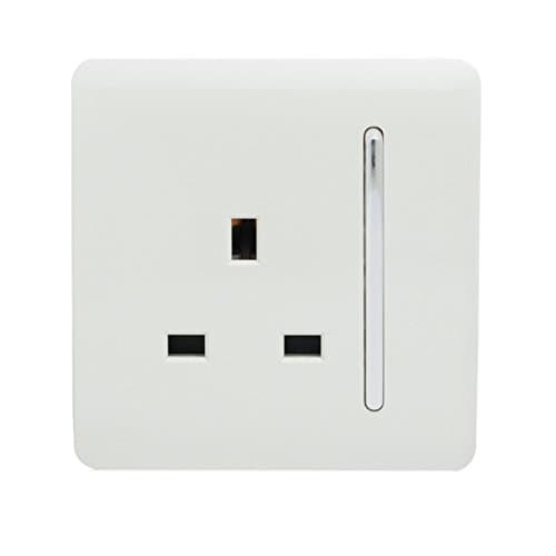 Image of Trendi 1 Gang Raised Artistic Modern Glossy Screwless 13 Amp Single Pole with Chrome Switched UK Standard Electrical Double Wall Plug Socket in Ice White - ART-SKT13WH