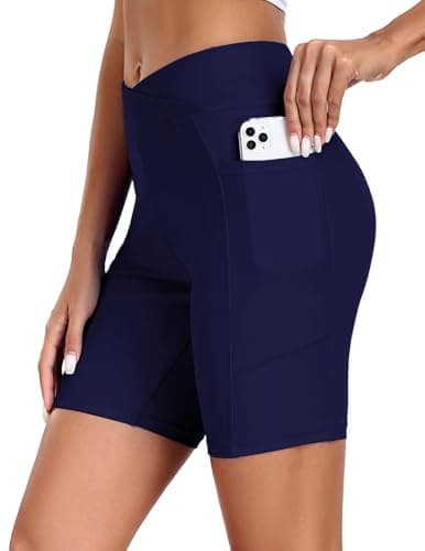 Image of Ekouaer Swim Shorts Women Board Shorts High Waisted Beach Shorts Swimsuit Bottoms Bikini Bottom Shorts Cross Waist Swimwear,Navyblue L