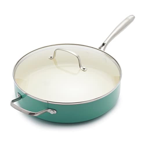 Image of GreenLife Artizan Healthy Ceramic Non-Stick 30cm/4.8 Litre Sauté Pan Jumbo Cooker with Helper Handle and Lid, Stainless Steel Handle, Induction, PFAS Free, Oven Safe, Turquoise