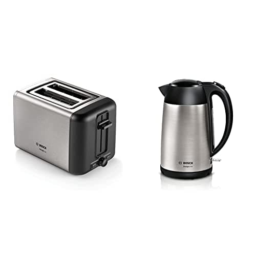 Image of Bosch DesignLine TAT3P420GB 2 Slot Stainless Steel Toaster with variable controls - Silver & Black and DesignLine TWK3P420GB Stainless Steel Cordless Kettle, 1.7 Litres, 3000W - Silver & Black