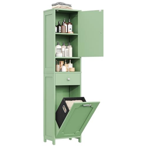 Image of GoaHi 66.9" Tall Bathroom Cabinet with Laundry Basket, Freestanding Bathroom Storage Unit with Drawer Door and Shelves, Tilt-Out Laundry Hamper with Upper Storage Cabinet, Green